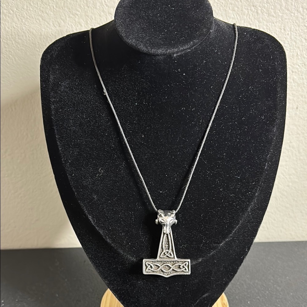 Leather Celtic Hammer Silver Pendant Necklace